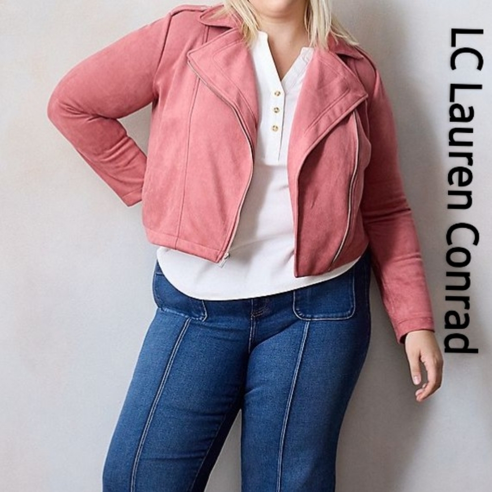 LC Lauren Conrad Faux Suede Moto Jacket Rose Pink XL Short waisted